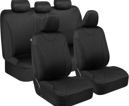 BDK Black Car Seat Covers Full Set – Universal Fit Matching Set Seat Covers for Trucks & Car Seat Protector for SUV – Front Seats, Rear Back Bench, & Headrest Seat Covers for Cars Interior Covers