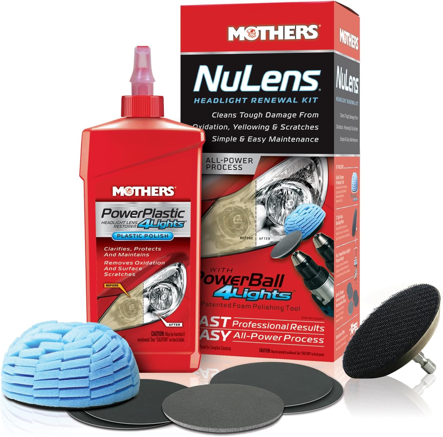 Mothers NuLens Headlight Renewal Kit — Quickly Restores & Maintains Clarity on All Headlight Types – Includes PowerPlastic 4Lights Polish, 8 oz. with Protective, Oxidation-Inhibiting Polymers (07251)