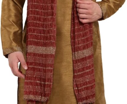 SKAVIJ Men’s Art Silk Kurta Pajama and Scarf Set Indian Ethnic Wedding Party Dress