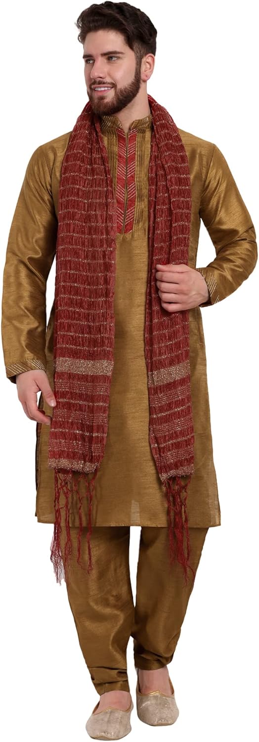 SKAVIJ Men’s Art Silk Kurta Pajama and Scarf Set Indian Ethnic Wedding Party Dress