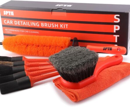 SPTA 8Pcs Wheel & Tire Brush Car Detailing kit, Easy Reach Wheel and Rim Brush, 5pcs Detailing Brushes, Short Handle Cleaning Brush, 1pc Microfiber Cleaning Cloth, Great to Clean Dirty Tires