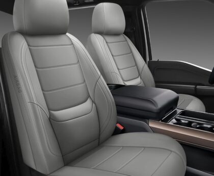 BABYBLU Car Seat Covers Full Set,Universal Leather Seat Covers for Cars,Waterproof Automotive Car Seat Covers for Most Vehicles SUV Pick-up Truck (Grey, Full Set)