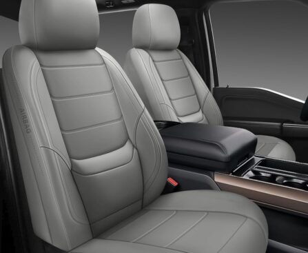 BABYBLU Car Seat Covers Full Set,Universal Leather Seat Covers for Cars,Waterproof Automotive Car Seat Covers for Most Vehicles SUV Pick-up Truck (Grey, Full Set)