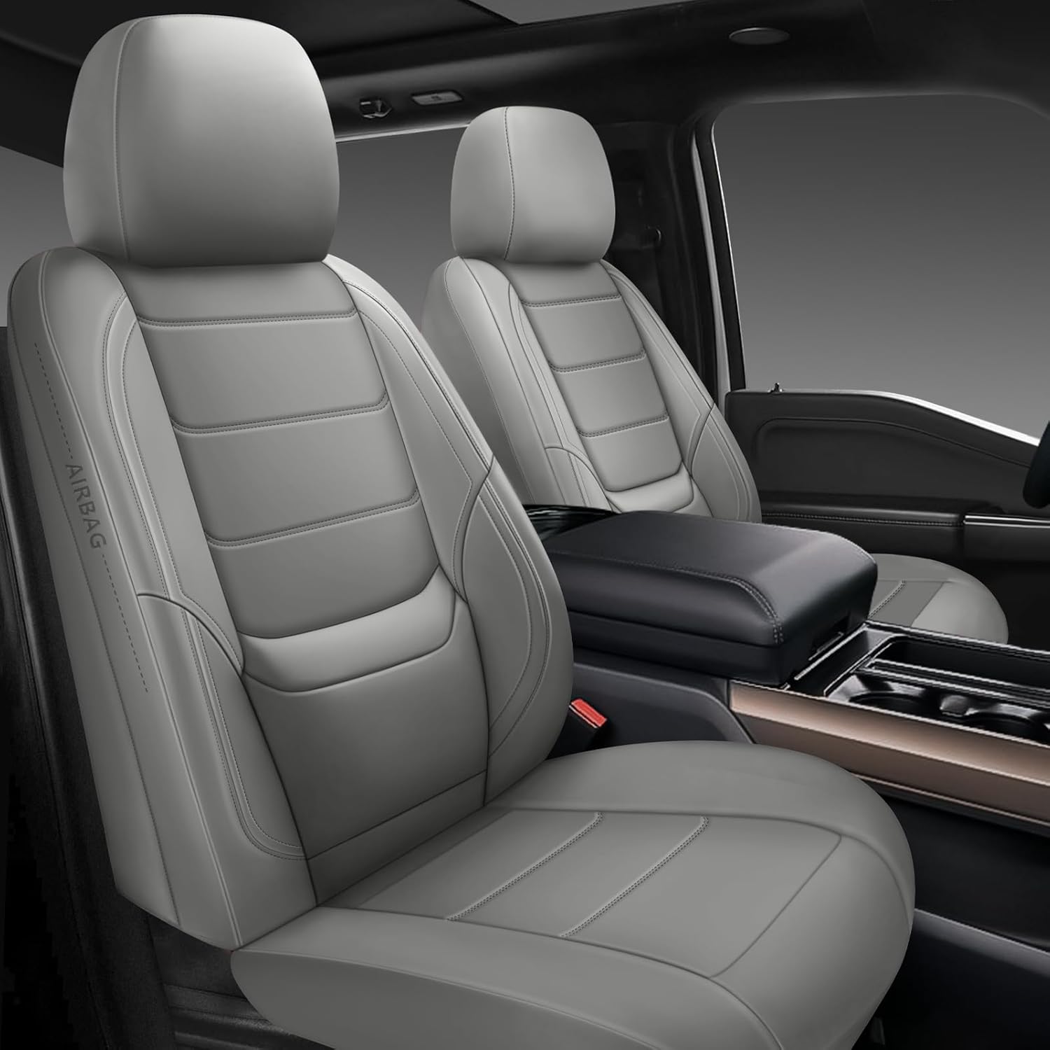 BABYBLU Car Seat Covers Full Set,Universal Leather Seat Covers for Cars,Waterproof Automotive Car Seat Covers for Most Vehicles SUV Pick-up Truck (Grey, Full Set)