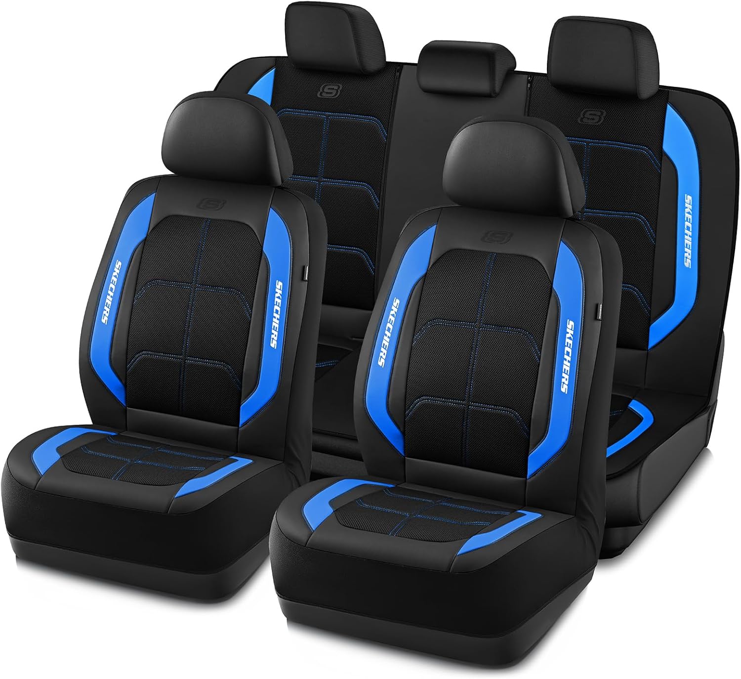 Skechers Air-Cooled & Memory Foam Seat Covers-Leather Car Seat Cover Supply Ultimate Comfort & Support,Seat Covers Full Sets,Airbag Compatible Universal Fit for Most Cars,Vans,Trucks,SUVs,Blue