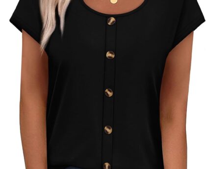 WIHOLL Womens Summer Tops Cap Short Sleeve Shirts Button Down Blouses U Neck T Shirts Fashion Clothing