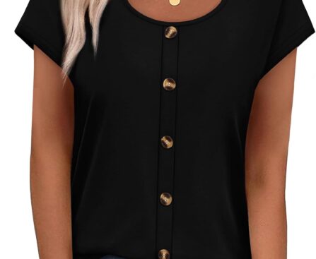 WIHOLL Womens Summer Tops Cap Short Sleeve Shirts Button Down Blouses U Neck T Shirts Fashion Clothing