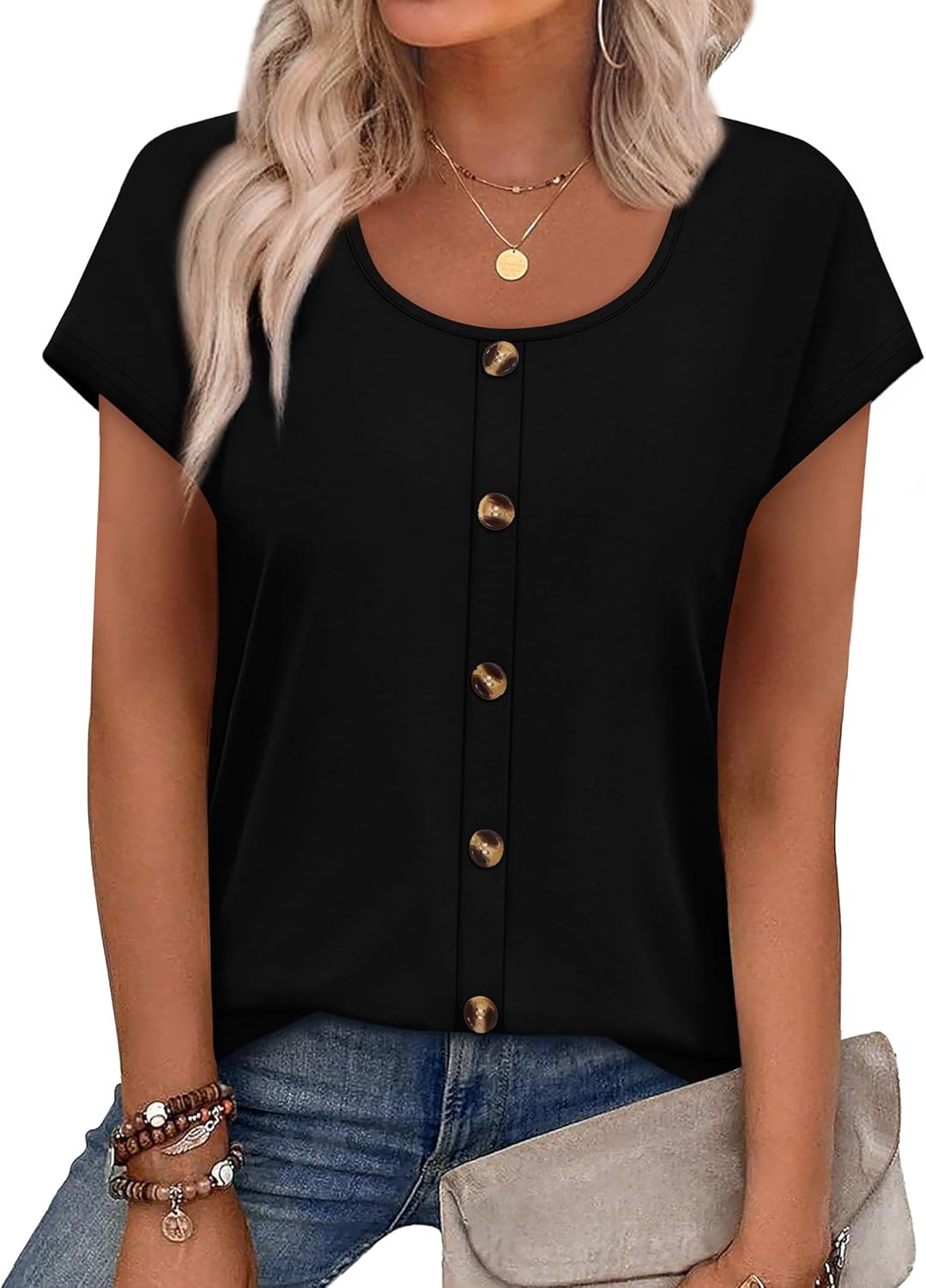 WIHOLL Womens Summer Tops Cap Short Sleeve Shirts Button Down Blouses U Neck T Shirts Fashion Clothing