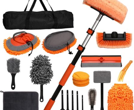 21Pcs Car Wash Kit with 60″ Heavy-Duty Extension Pole, Soft Car Wash Brush, Wheel & Tire Brush, Scratch-Free Car Mop Mitt & Window Squeegee, Detailing Tool for Car Exterior & Interior Cleaning