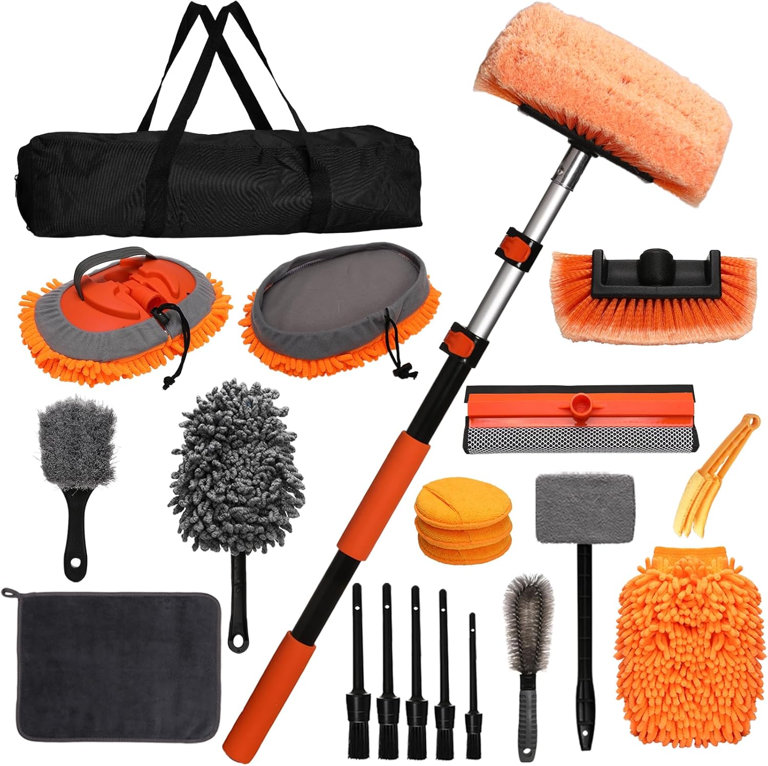 21Pcs Car Wash Kit with 60″ Heavy-Duty Extension Pole, Soft Car Wash Brush, Wheel & Tire Brush, Scratch-Free Car Mop Mitt & Window Squeegee, Detailing Tool for Car Exterior & Interior Cleaning