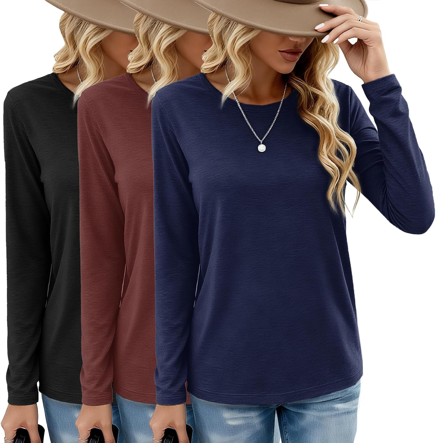 GAYHAY 3 Pack Long Sleeve Shirts for Women – Loose Fit Crew Neck Basic Tees Fall Tops Outfits Casual Clothes 2025