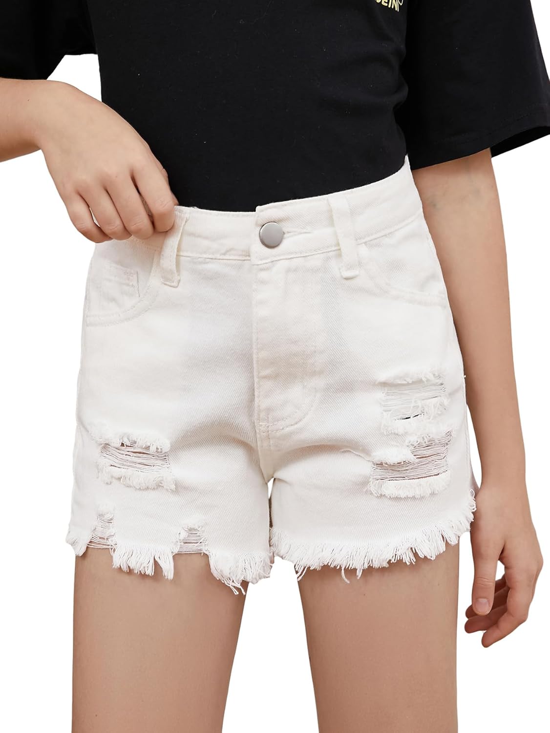 Floerns Girls Ripped Raw Trim Shorts High Waist Straight Leg Denim Shorts