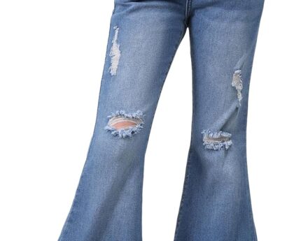 SHENHE Girl’s High Waisted Flare Leg Jeans Split Raw Hem Denim Pants with Pockets