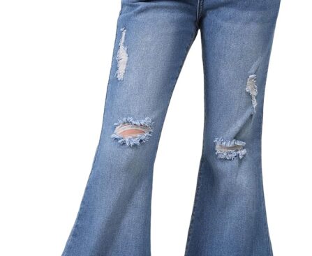 SHENHE Girl’s High Waisted Flare Leg Jeans Split Raw Hem Denim Pants with Pockets