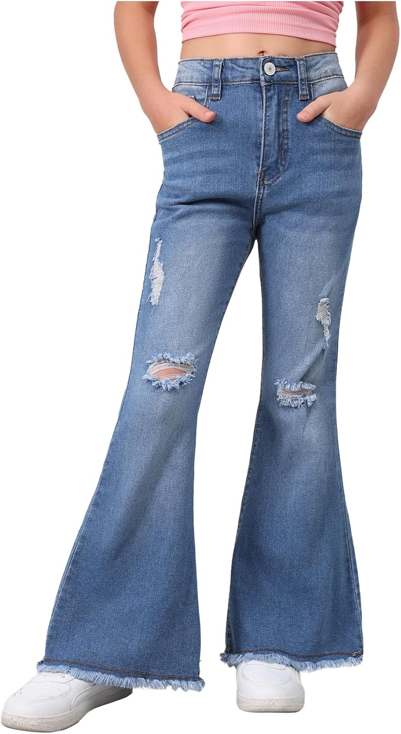 SHENHE Girl’s High Waisted Flare Leg Jeans Split Raw Hem Denim Pants with Pockets
