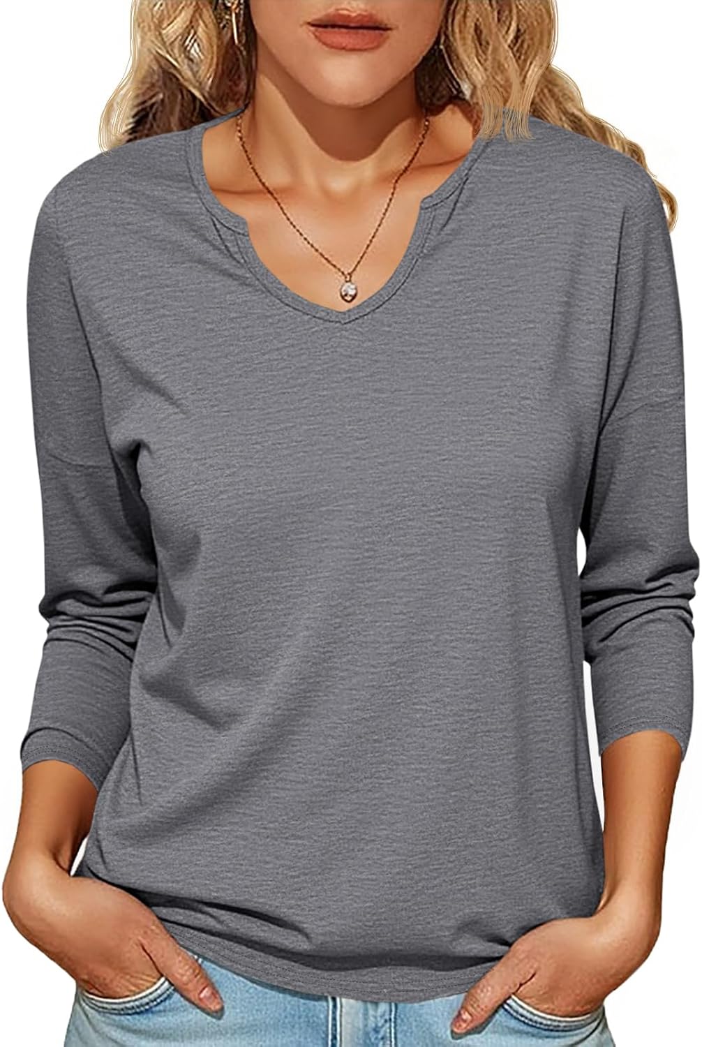 Tankaneo Womens Long Sleeve T-Shirts Casual V Neck Loose Fit Shirts 2025 Fall Lightweight Basic Tees