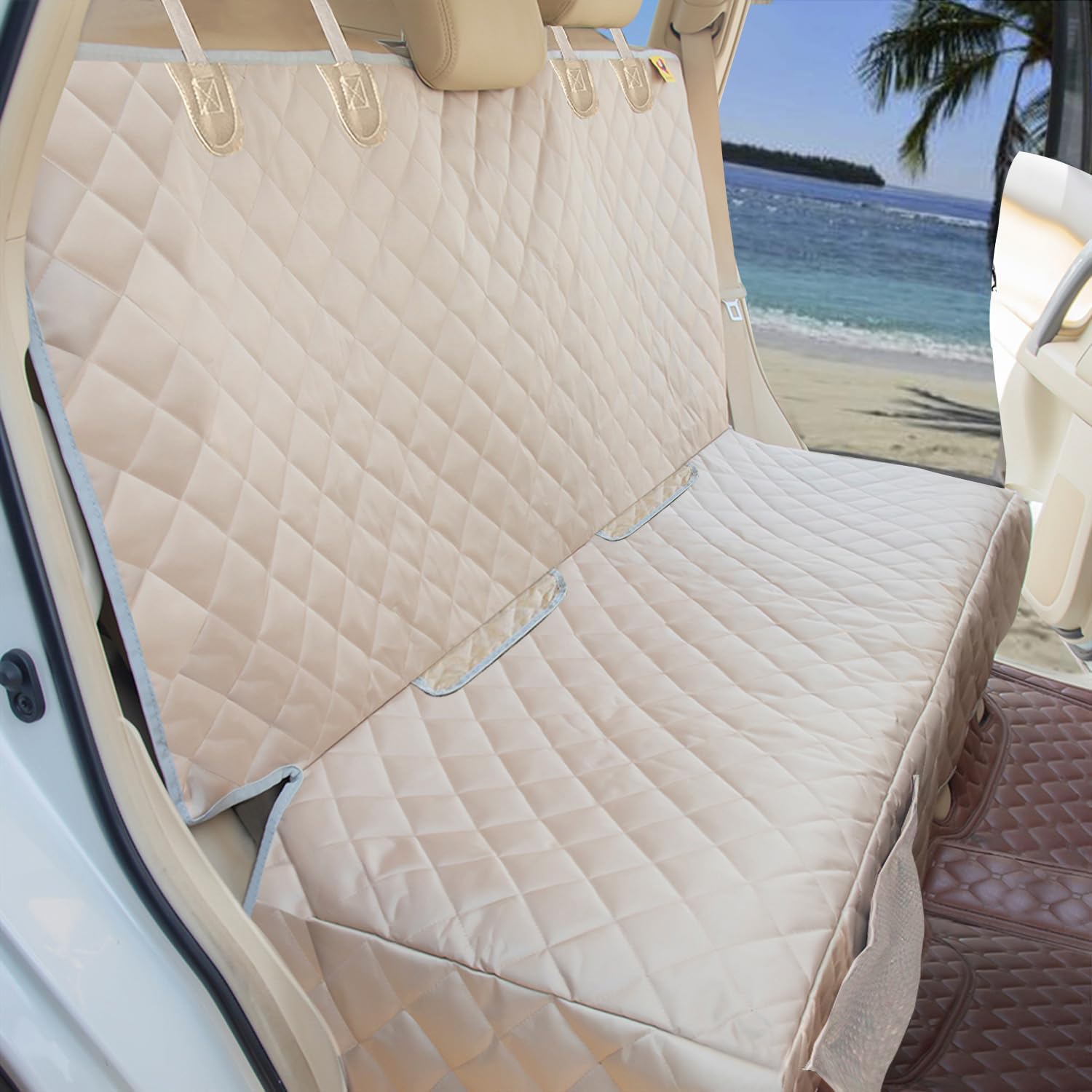 Dog Car Seat Cover for Back Seat Waterproof Backseat Protector, Nonslip Rear Seat Cover for Kids,Universal Size Fits Cars Trucks SUVs (Beige)