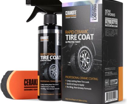 CERAKOTE Rapid Ceramic Tire Coat – Showroom New Tire Shine – Deep Tire Black Finish – Lasts Up to 10x Longer – No Sling, Non-Greasy Ceramic Tire Coating for Car, Truck & SUV – Easy Application (10oz)