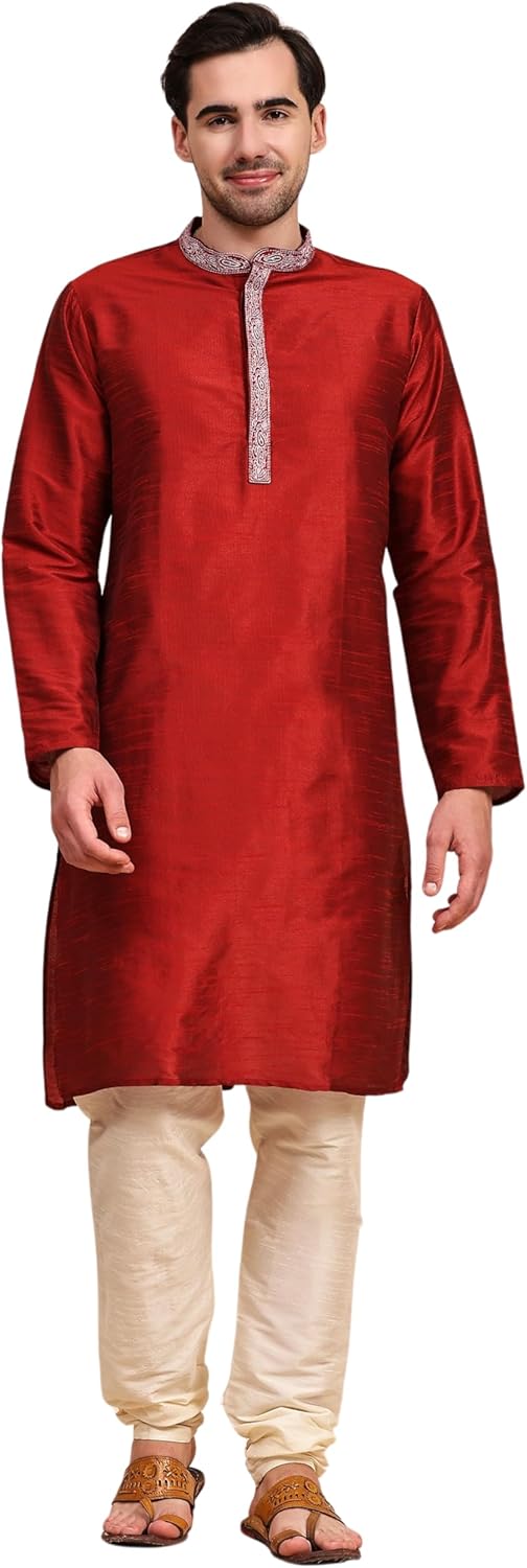 SKAVIJ Men’s Tunic Art Silk Kurta Pajama Set Wedding Party Dress
