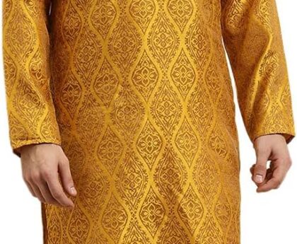 Sojanya (Since 1958 Men’S Jacquard Silk Mustard & Gold Kurta, Size 44