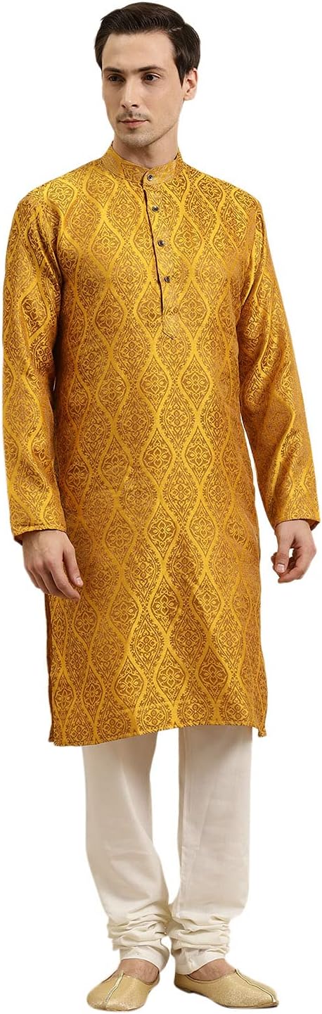 Sojanya (Since 1958 Men’S Jacquard Silk Mustard & Gold Kurta, Size 44