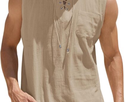 COOFANDY Men’s Cotton Linen Tank Top Shirts Casual Sleeveless Lace Up Beach Hippie Tops Bohemian Renaissance Pirate Tunic