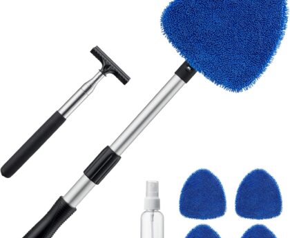 AstroAI Car Windshield Cleaner Tool, Window Cleaning Kit with 39in Car Mirror Squeegee, 4 Reusable Microfiber Pads and Extendable Handle, Blue