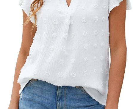 Blooming Jelly Womens White Blouse V Neck Ruffle Sleeve Flowy Shirts Dressy Casual Cute Summer Tops