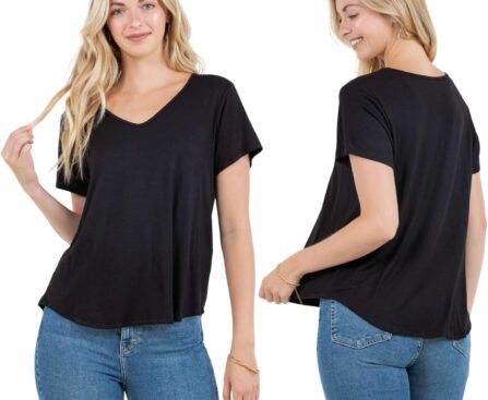 Azules Women’s V Neck Short Sleeve T Shirts – Soft Stretchy Loose Fit Casual Tee, Breathable Plus Size V Neck Tops