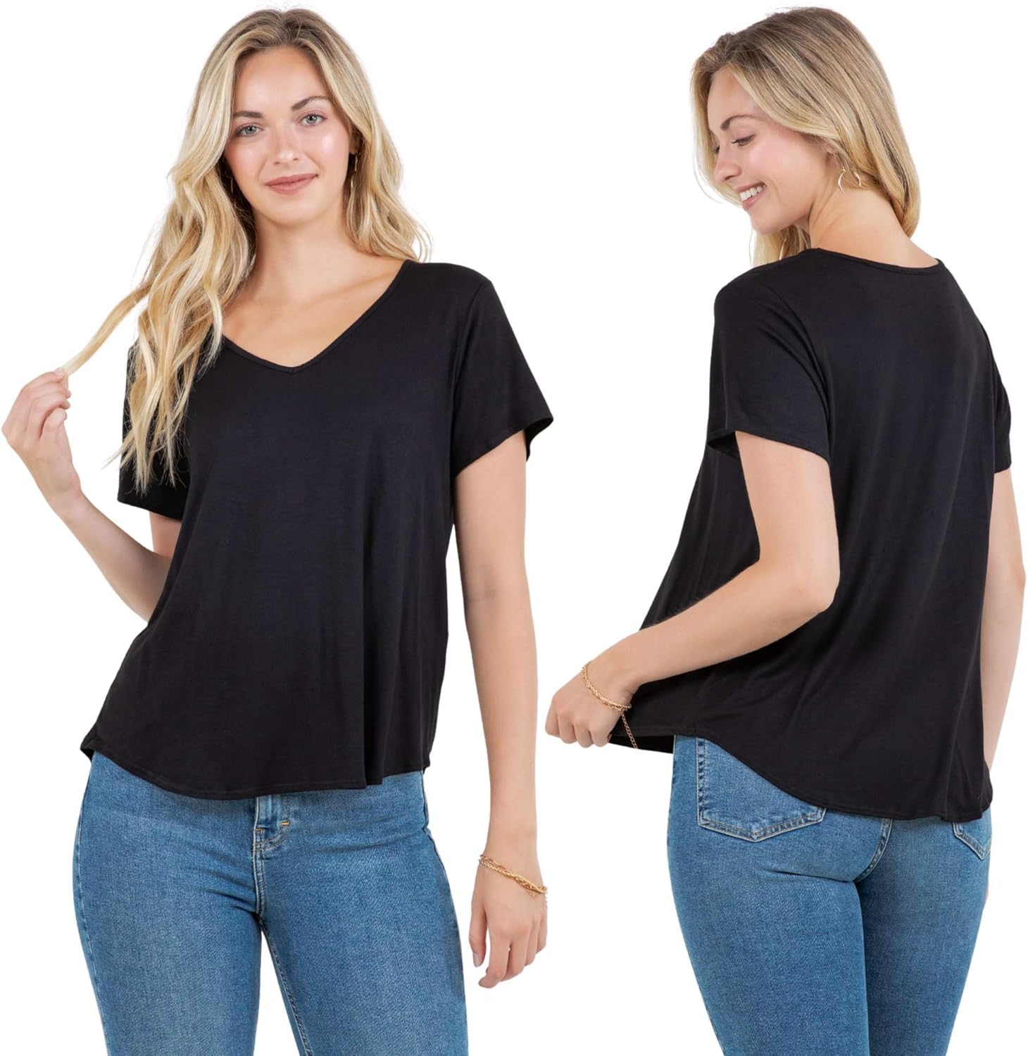 Azules Women’s V Neck Short Sleeve T Shirts – Soft Stretchy Loose Fit Casual Tee, Breathable Plus Size V Neck Tops