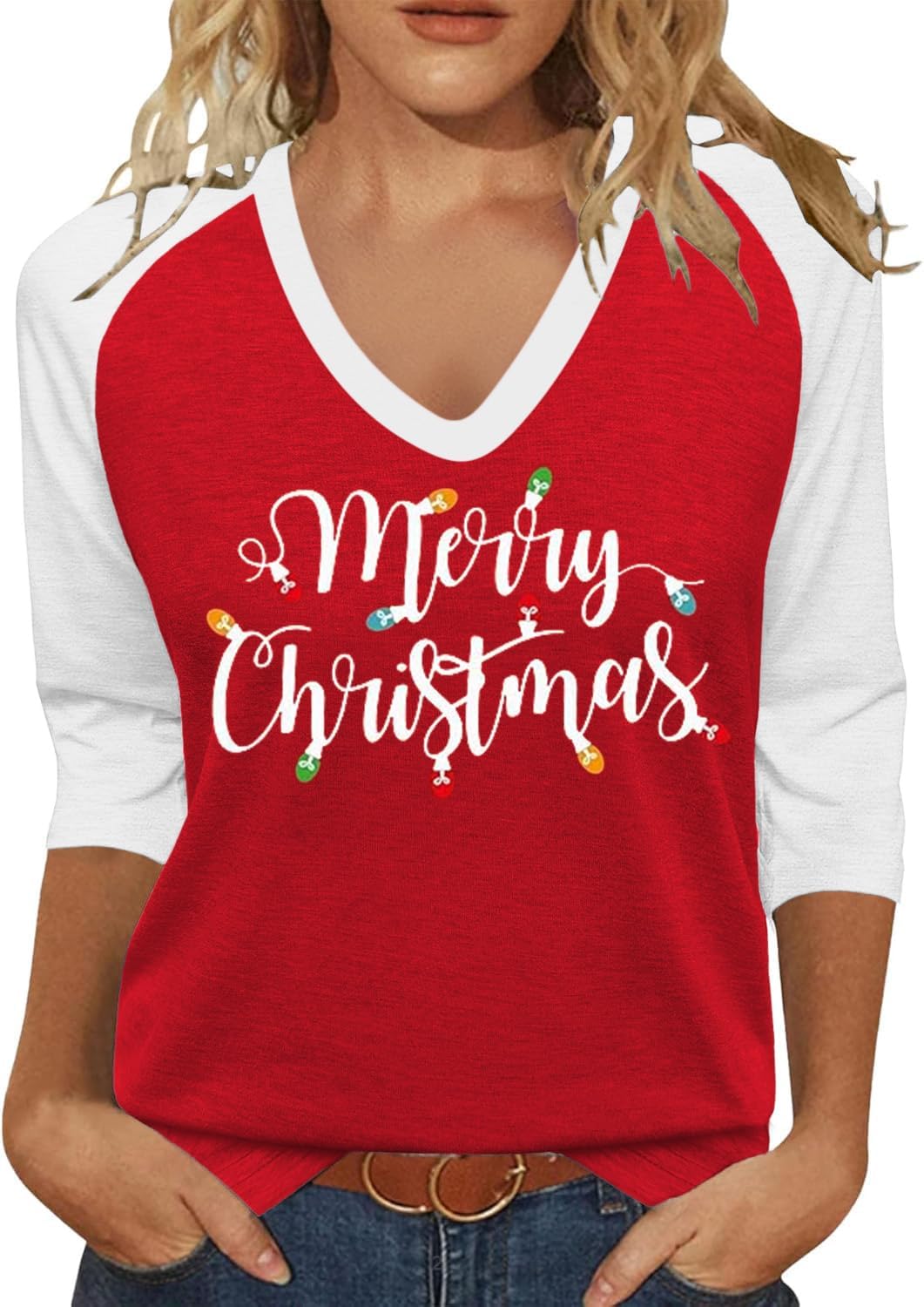 Women’s V-Neck 3/4 Sleeve T-Shirt Winter Christmas Valentine’s Day St Patrick’s Day Graphic Tees Tops