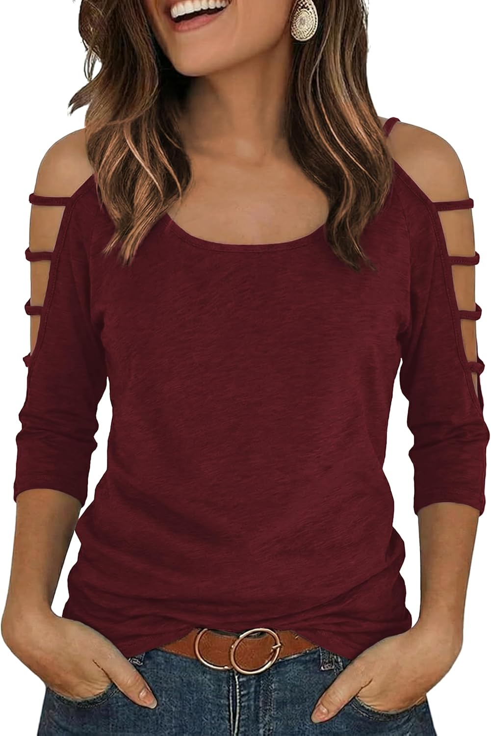 Jar of Love Women’s Cold Shoulder Tops 3/4 Sleeve Sexy Going Out T-Shirts for Women Casual Tunic Tops