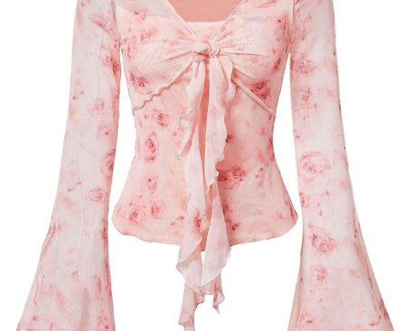 Verdusa Women’s Y2K Tie Front Tops Bell Sleeve Floral Print Mesh Tops Long Sleeve Shirts 2000s Clothing