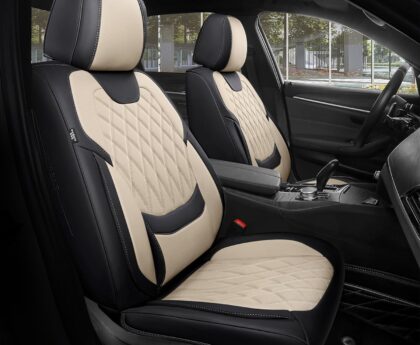 FREESOO Front Car Seat Covers – Luxury Breathable Waterproof Faux Leather Car Seat Cushion Protectors with Lumbar Support, Universal Fit for Most 5 Seats Vehicles Sedans Hatchbacks Trucks, Black Beige