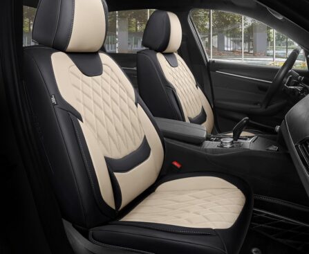 FREESOO Front Car Seat Covers – Luxury Breathable Waterproof Faux Leather Car Seat Cushion Protectors with Lumbar Support, Universal Fit for Most 5 Seats Vehicles Sedans Hatchbacks Trucks, Black Beige