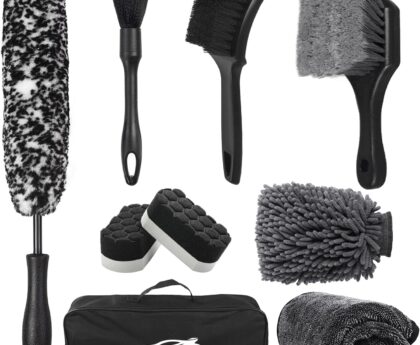 9Pcs Car Wheel & Tire Brush Kit, Wheel Cleaner Brush, Soft-bristled Rim Brush, Car Drying Towel (36″x 24″), Tire Shine Applicator Pad, Car Wash Mitt, Car Detailing Cleaning Wash Brush Supplies Kit