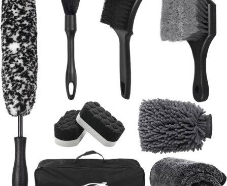 9Pcs Car Wheel & Tire Brush Kit, Wheel Cleaner Brush, Soft-bristled Rim Brush, Car Drying Towel (36″x 24″), Tire Shine Applicator Pad, Car Wash Mitt, Car Detailing Cleaning Wash Brush Supplies Kit