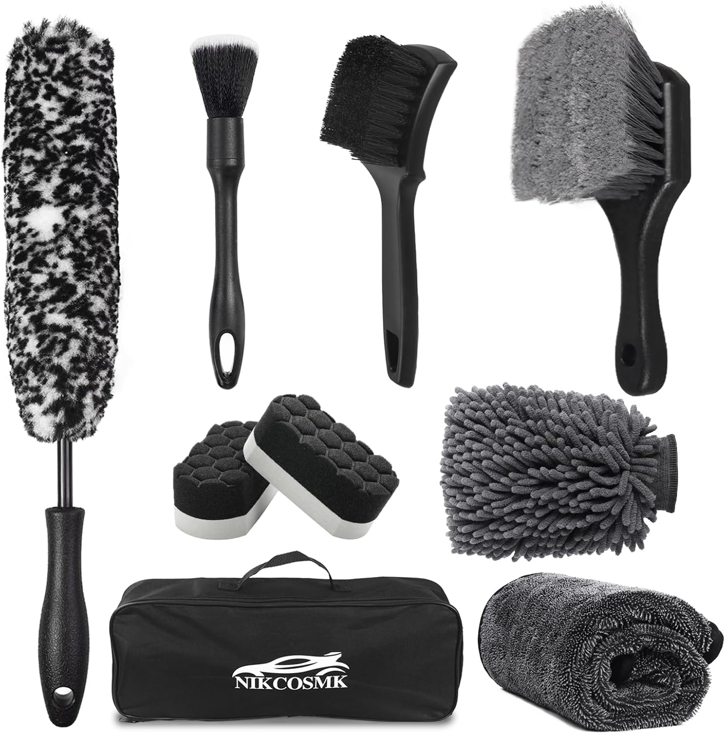 9Pcs Car Wheel & Tire Brush Kit, Wheel Cleaner Brush, Soft-bristled Rim Brush, Car Drying Towel (36″x 24″), Tire Shine Applicator Pad, Car Wash Mitt, Car Detailing Cleaning Wash Brush Supplies Kit