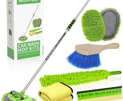 Wontolf 62” Car Wash Brush with Long Handle Chenille Microfiber Car Wash Mop Mitt Kit Car Detailing Brush Cleaning Kit Window Squeegee Car Duster Drying Towels Tire Brush for Cars RV Truck Boat