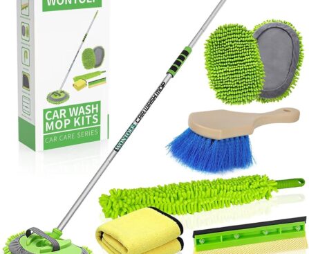 Wontolf 62” Car Wash Brush with Long Handle Chenille Microfiber Car Wash Mop Mitt Kit Car Detailing Brush Cleaning Kit Window Squeegee Car Duster Drying Towels Tire Brush for Cars RV Truck Boat