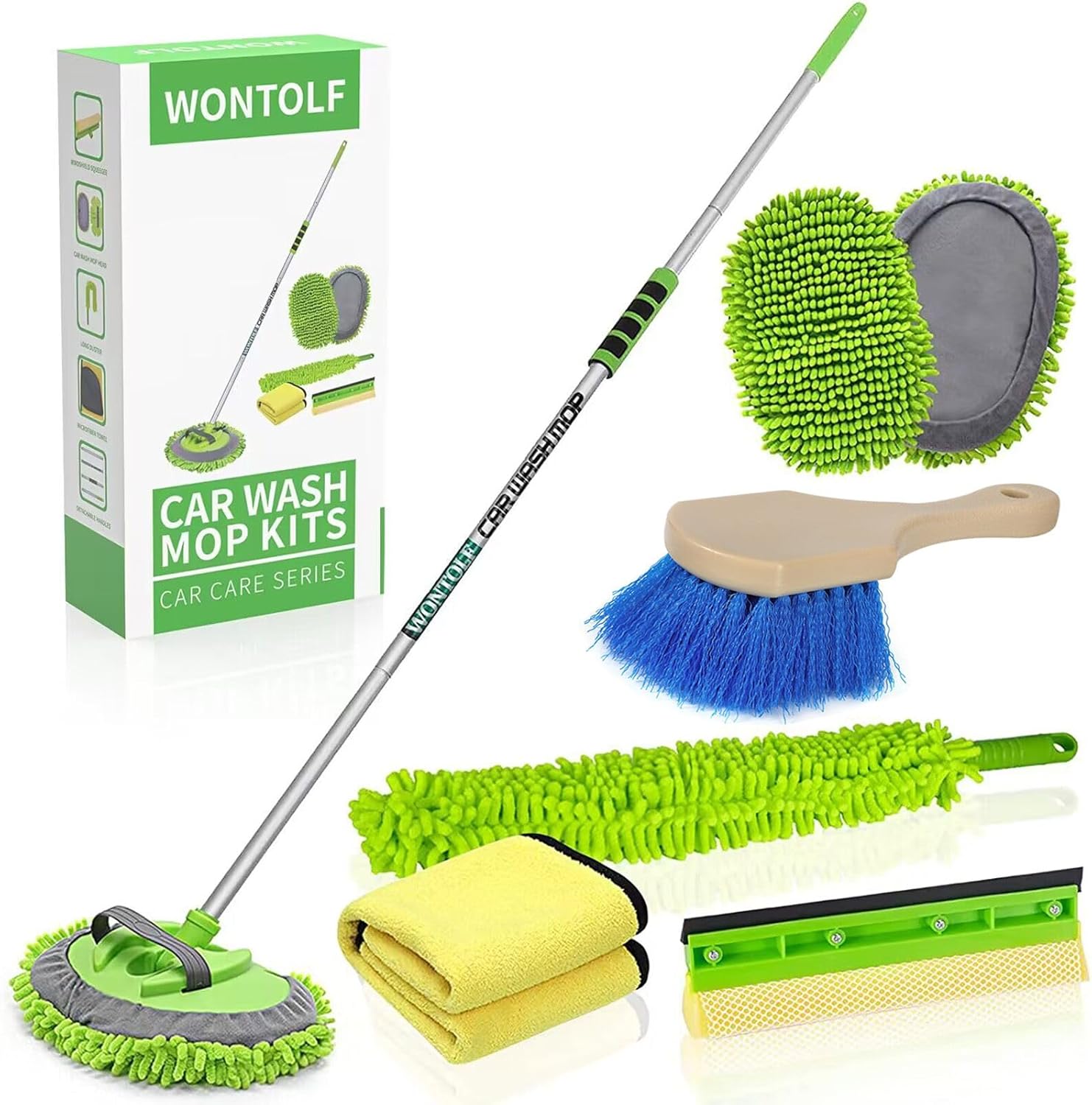 Wontolf 62” Car Wash Brush with Long Handle Chenille Microfiber Car Wash Mop Mitt Kit Car Detailing Brush Cleaning Kit Window Squeegee Car Duster Drying Towels Tire Brush for Cars RV Truck Boat