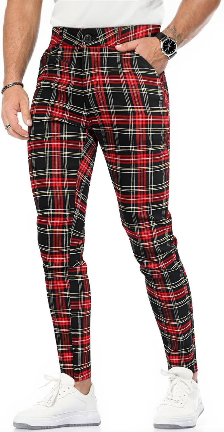 GINGTTO Mens Plaid Dress Pants Stretch Chino Pants Men Slim Fit