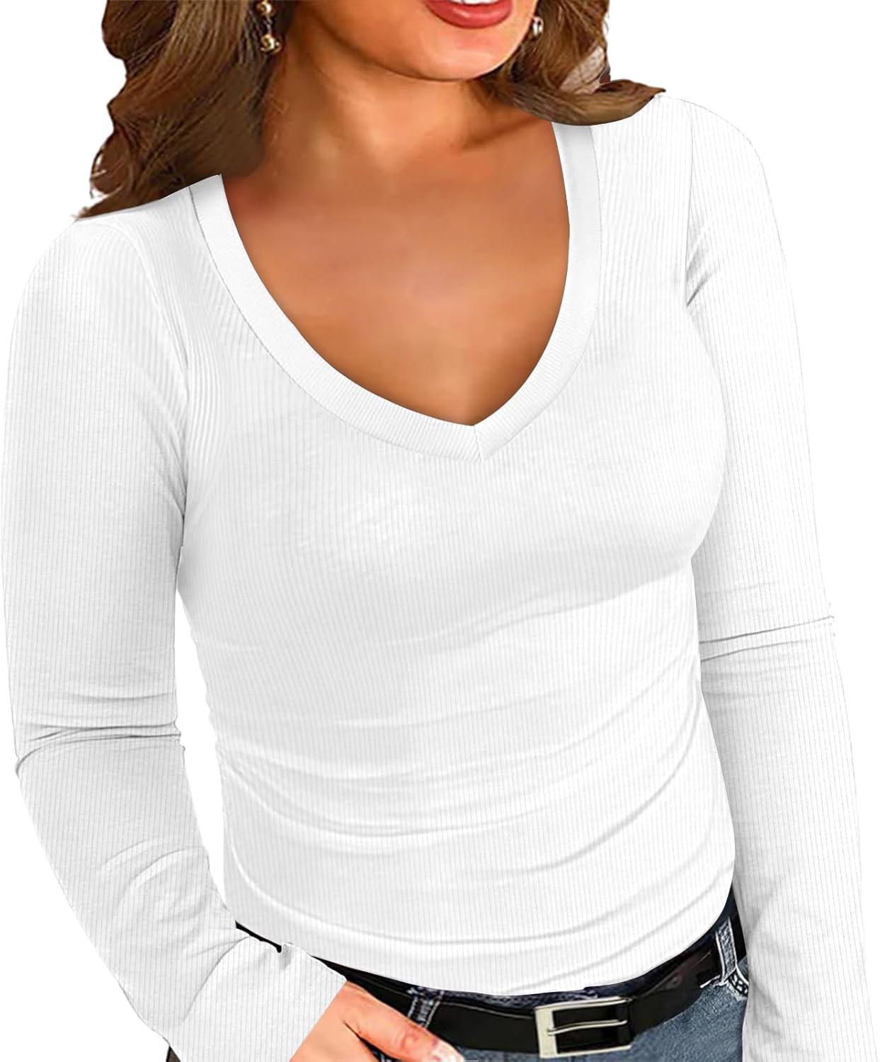 Chulianyouhuo Womens Plus Size Long Sleeve Shirts V Neck Ribbed Knit T Shirt Slim Fitted Casual Basic Tee Tops