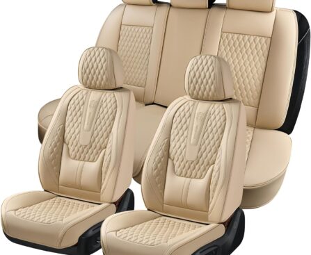 Coverado Car Seat Covers Full Set, Nappa Leather Seat Covers for Car, Waterproof Car Seat Protector with Lumbar Support, Automotive Seat Covers Universal Fit for Most Cars SUV Trucks (Beige)