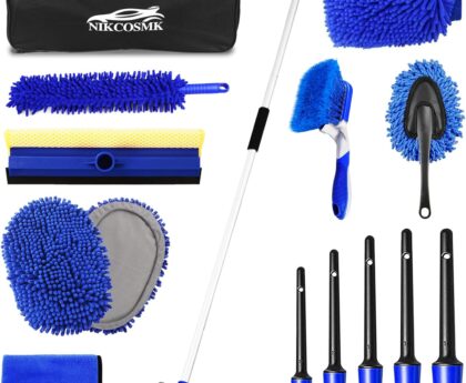 62” Car Wash Brush Kit Mitt Mop Sponge with Long Handle, 1 Chenille Scratch-Free Replacement Head, Windshield Window Squeegee,Car Duster,Car Detailing Brushes,Tower,Car Cleaning Kit for Cars RV Truck