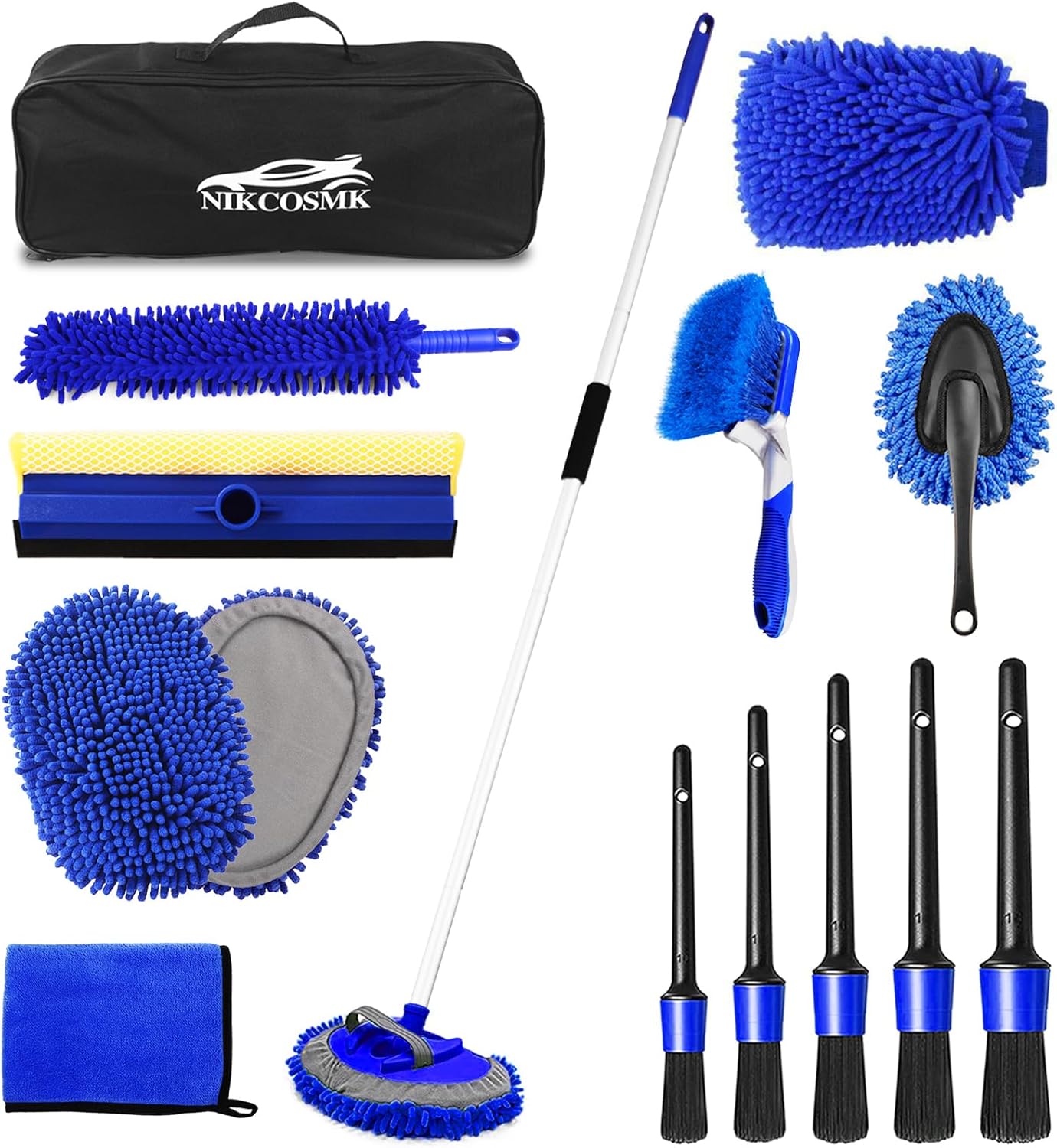 62” Car Wash Brush Kit Mitt Mop Sponge with Long Handle, 1 Chenille Scratch-Free Replacement Head, Windshield Window Squeegee,Car Duster,Car Detailing Brushes,Tower,Car Cleaning Kit for Cars RV Truck