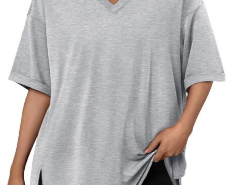 Trendy Queen Oversized Tshirts for Women Workout Plus Size Tops V Neck Short Sleeve Gym Shirts Casual Loose Fit Basic Tees