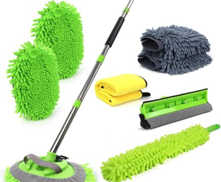 62” Car Wash Brush with Long Handle Car Wash Mop Mitt Chenille Car Cleaning Kits Windshield Window Squeegee Car Duster Microfiber Towel Gloves for Cars RV SUV Truck 11PCS