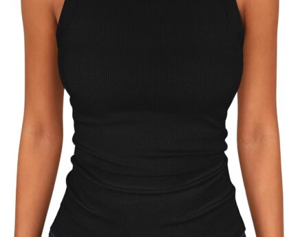 ANRABESS Sleeveless Tank Tops for Women High Neck Racerback Ribbed Knit Top Summer 2026 Casual Basic Slim Fit Workout Shirts