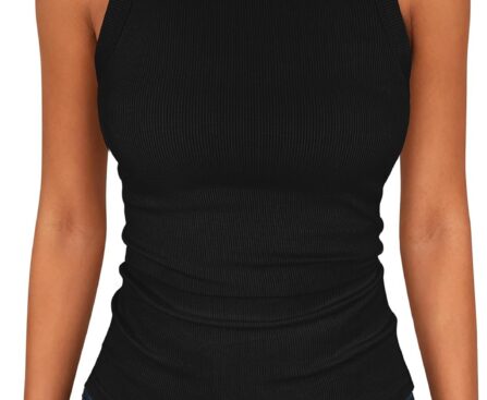 ANRABESS Sleeveless Tank Tops for Women High Neck Racerback Ribbed Knit Top Summer 2026 Casual Basic Slim Fit Workout Shirts